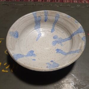 Handmade Studio Pottery Cermic Glazed Light Blue Cream Speckled Bowl Dish Signed